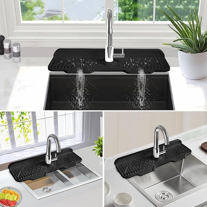 Kitchen Sink Accessories -17" x 6'' Sink Splash Guard,Silicone Sink Mat Splash Guard, fit for Countertop, Bathroom,Farmhouse,RV by EBIGIC (Black)