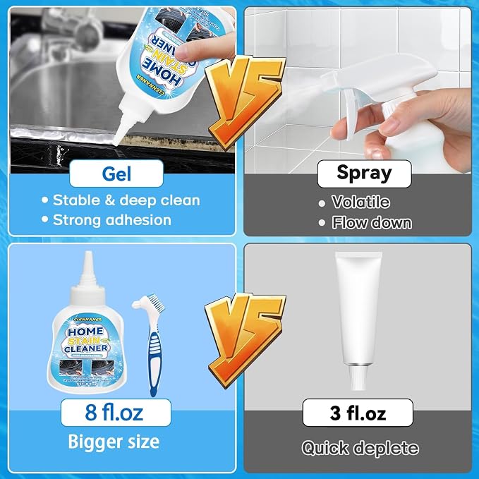 Mold Stain Cleaner Gel, 8 Fl oz Powerful Mold and Mildew Stain Remover with Brush Applicator for Sink, Shower, Caulk, Tile Washing Machine Gasket, Bathroom Grout and Front Loader Seal