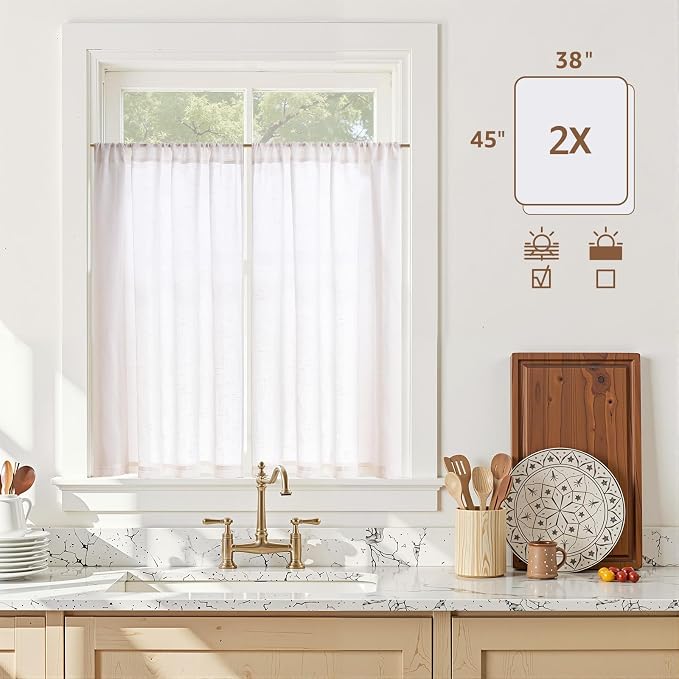 jinchan Linen Kitchen Tier Curtains, 38x45, 2 Panels, Beige White | Light filtering, linen blend, rod pocket, farmhouse style, rustic decor, kitchen, bathroom, laundry room, RV, small windows
