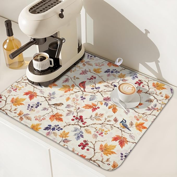 Fall Dish Drying Mat for Kitchen Counter Autumn Harvest Watercolor Maple Leaves Birds Dish Drainer Mat Rustic Farmhouse Absorbent Washable Drying Pad 16"x18"