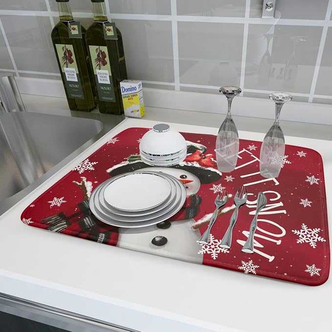 Winter Snowman Dish Drying Mat for Kitchen Counter 18x24 Inch Christmas Dish Draining Mat Xmas Snowflakes Decorations Fast Absorbent Tableware Cardinal Birld Dishes Pad for Coffee Bar Countertop