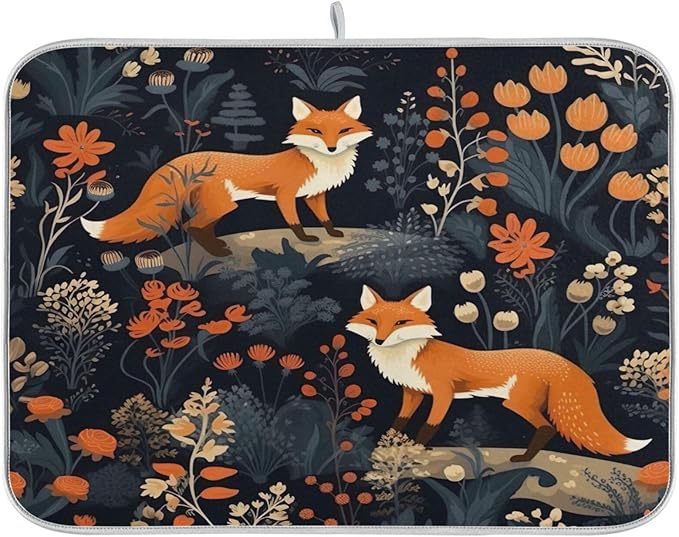 Dish Drying Mat Kitchen Counter Absorbent Two Foxes Coffee Sink Mat Dish Drainer Pad 18 Inch x 24 Inch