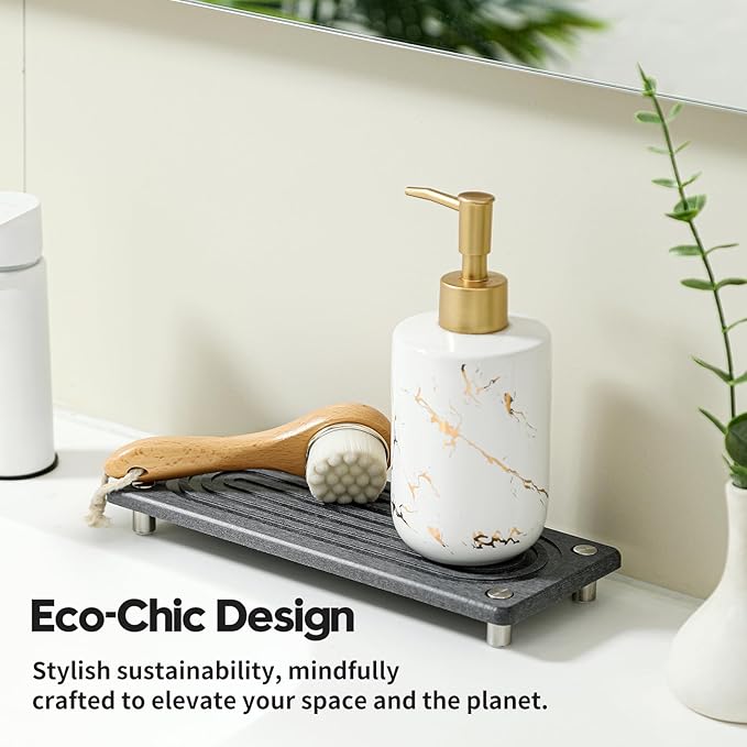 Razborci Water Absorbing Stone Sink Caddy Kitchen Sink Organizer Tray, Diatomite Bathroom Counter Tray, Faucet Drying Mat Coaster Soap Dish Rack Riser Dispenser Sponge Holder, Charcoal 10" x 4"