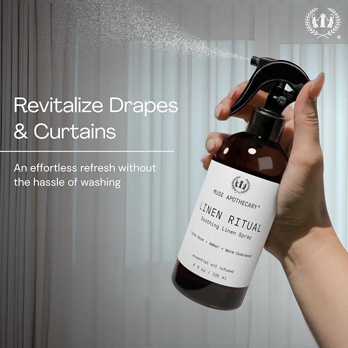 Muse Apothecary Linen Ritual - Aromatic, Soothing, and Relaxing Linen Mist, Laundry and Fabric Spray - Infused with Aromatherapy Essential Oils - 4 oz, Tonka Bean + Amber + Warm Cedarwood