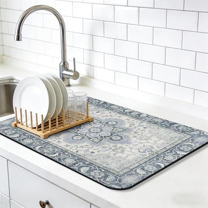 Dish Drying Mat, Vintage Rustic Boho Kitchen Dishes Absorbent Pad, 18x24in | Eco-friendly diatomite with non-slip rubber backing. Super absorbent mat for kitchen counters, coffee bars & sinks