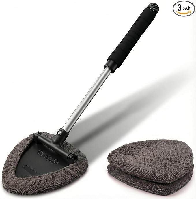 TAKAVU Window & Windshield Cleaner, Extendable, 3 Microfiber Pads (Grey) | Pivoting Triangle Head Wiper Cleans Interior & Exterior Glass, 3 Washable Reusable Bonnets, Lint-Free
