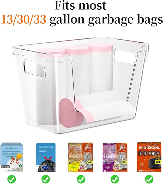 Delamu Acrylic Trash Bag Holder, 3 Pack Stackable Garbage Holder for 4-33 Gallon Bags, Clear Organizer Bins for Under Sink Organization, Pantry Storage, Cabinet, Kitchen, Laundry, Bathroom
