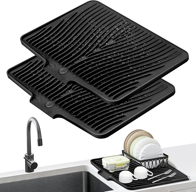 Silicone Dish Drying Mat for Kitchen counter, 19.7"x17" 2Pcs Extra Large Non-Slip Drain Pad with Built-in Drainage, Heat Resistant Dishwasher Safe, Black