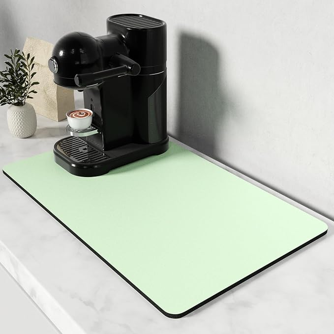 Rnivvi Coffee Mat, 12" x 19" Coffee Bar Mats for Espresso Machine Station Accessories and Organizer, Hide Stain Rubber Backed Absorbent Dish Drying Pad for Kitchen Counter, Cute Bar Decor Pad, Green