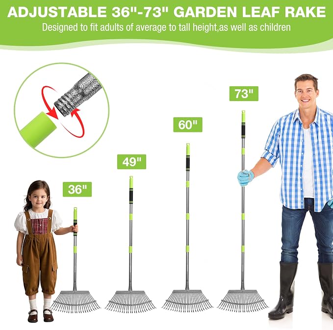 WORKPRO Rakes, Small Leaf Rake with 73” Adjustable Long Handle | Narrow Metal Garden Rake with 25 Steel Tines, Heavy Duty Rust-Resistant Lawn Rakes for Yard, Flower Beds & Tight Spaces