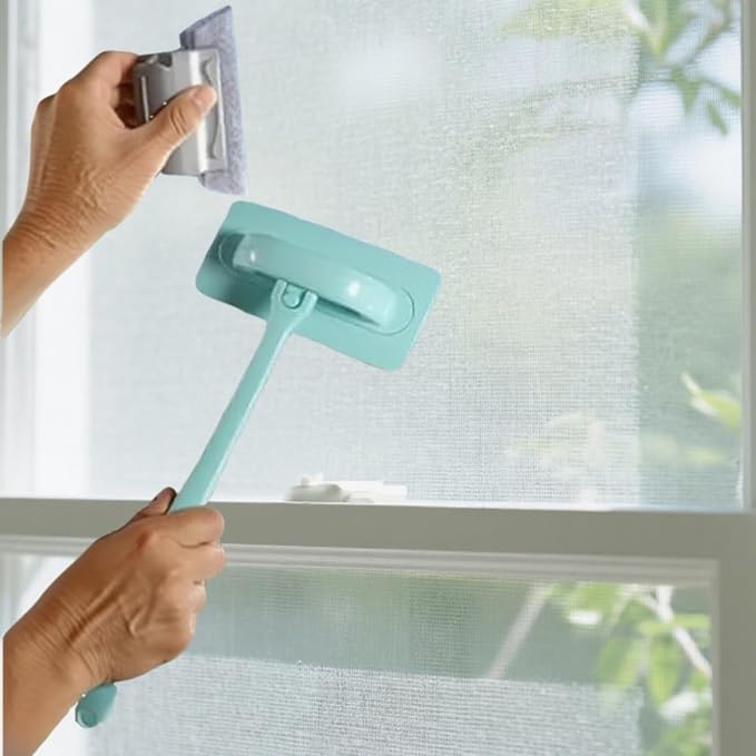Window Screen and Track Cleaner Kit, with Mesh Screen Brush, 3 Groove Cleaning Brushes & 6 Reusable Pads for Sliding Door Tracks, Window Sills, Blinds, Vents - Detachable Pole