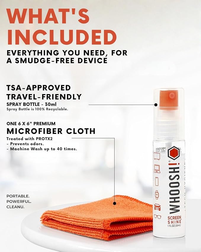 WHOOSH! Screen Shine Go - 1 fl oz Refillable Screen Cleaner Kit with Microfiber Cloth for MacBook, Phone, iPad & Eyeglasses - Powerful Streak-Free Cleaning - Pocket-Sized, TSA-Approved for Travel