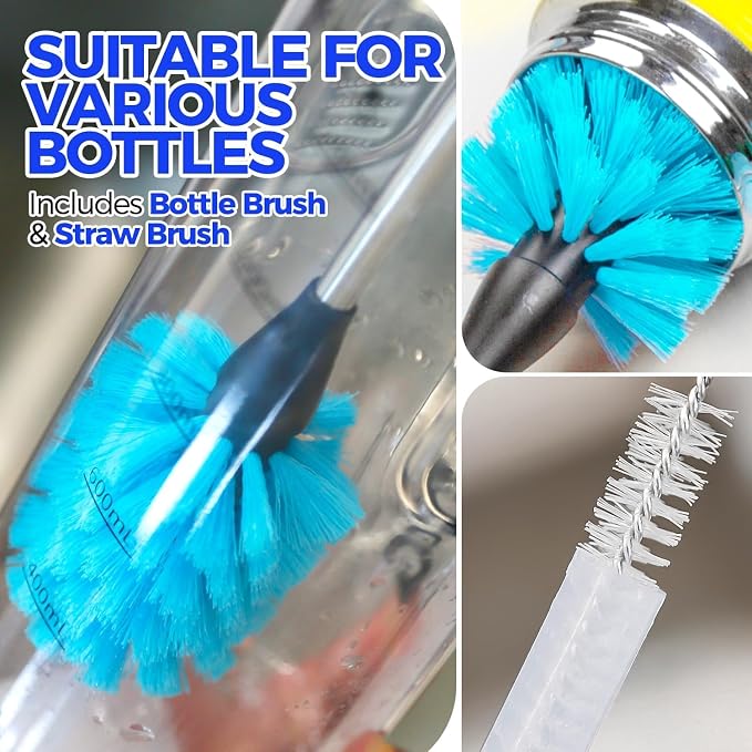 Holikme 5 Pack Bottle Brush Cleaner Set, 14" Long Handle Stainless Steel Bottle Cleaner Brush, 3 Straw Brushes, Bottle Cleaning Brush for Water Bottle, Cups, Baby Bottle, Straws Blue