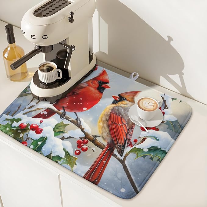 Winter Cardinal Birds Dish Drying Mat, Holly Berry Branches Dish Drying Mat for Kitchen Counter, Red Birds Absorbent Fast Dry Dish Drainer Mat Protector Xmas Microfiber Dish Drying Pad 18x24 Inch