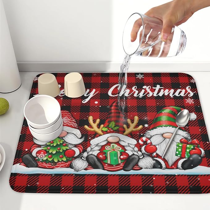 Merry Christmas Dish Drying Mat 16x18 Inch Xmas Santa Claus Winter | Polyester，Absorbent Microfiber，for Kitchen Coffee Dining Bar Decor