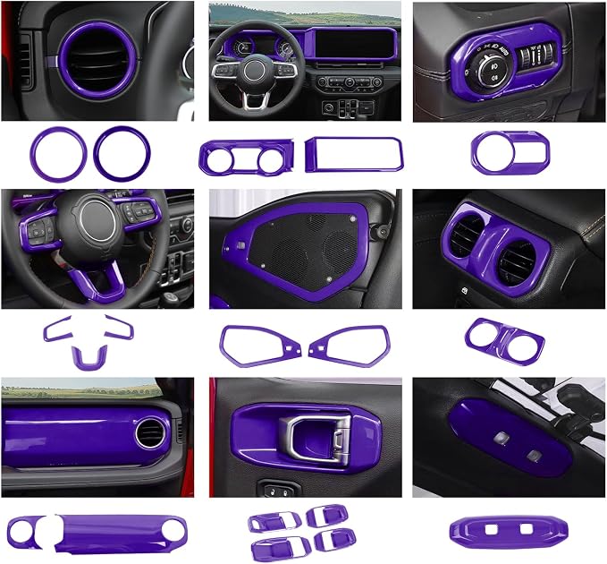 21PCS Full Set Interior Trim Kit for 2024-2026+ Jeep Wrangler JL JLU & Jeep Gladiator JT, Dashboard Side Outlet Door Handle Bowl Headlight Switch Roof Reading Light Cover (Purple)