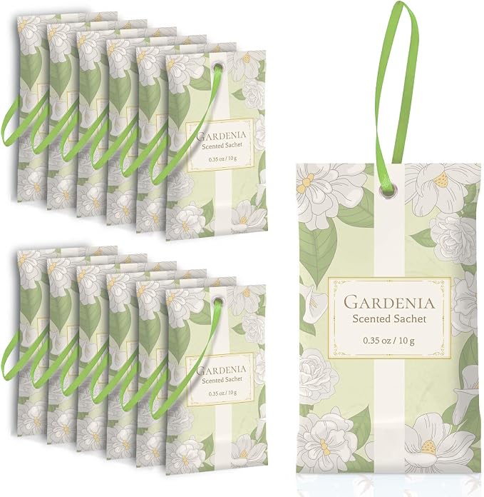 SCENTORINI Scented Sachets for Drawer and Closet, Gardenia Scent 14 Pack | Long-Lasting Sachets Bags Gift Set, Closet Freshener Sachets for Wardrobe Freshener, Cupboard, Suitcases, Handbags