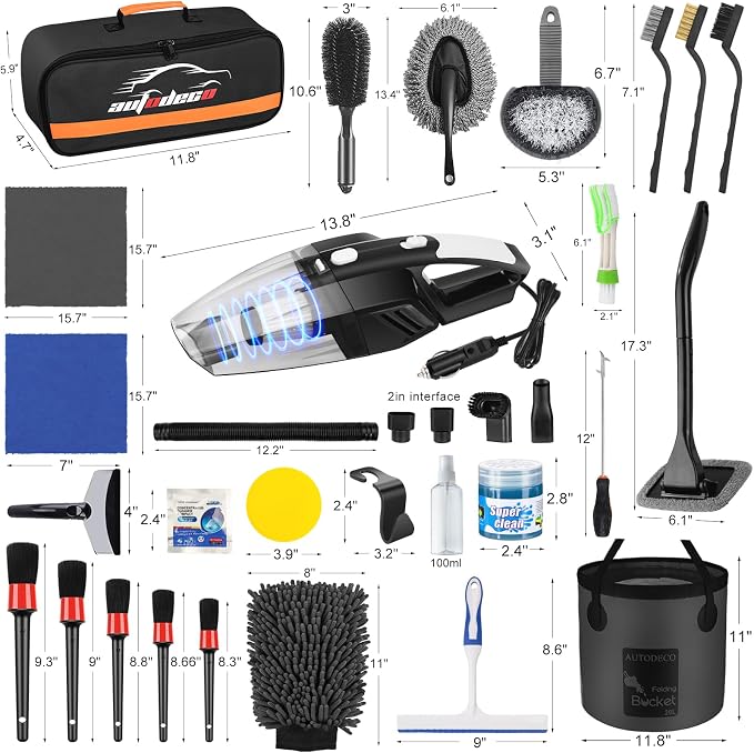 41Pcs Car Cleaning Wash Kit Interior Detailing Cleaner Kit with High Power Handheld Vacuum, Collapsible Bucket, Windshield Tool, Snow Shovel, Tire Brush, Complete Car Care Tools, Black
