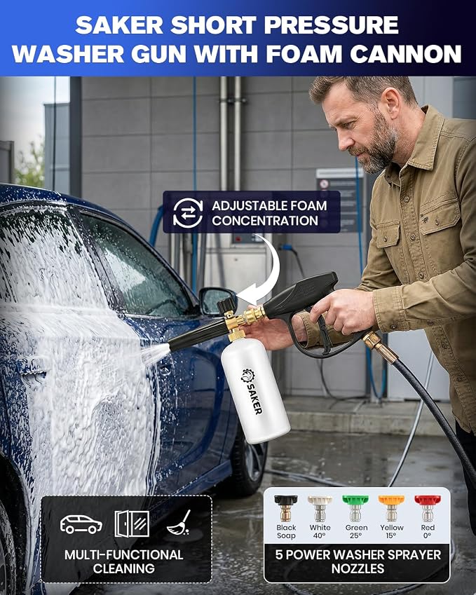 Saker Short Pressure Washer Gun with Foam Cannon, M22-14 to M22-15 and M22-14 to 3/8 Inch Brass Adapter Connector, with 5 Pressure Washer Nozzles