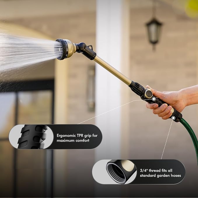 RESTMO Heavy Duty Watering Wand, Metal Garden Hose Nozze Sprayer | 180° Swivel Ratcheting Head, 18-Inch Hose Wand with 10 Spray Patterns & Flow Control, Ideal for Hanging Baskets & Shrubs