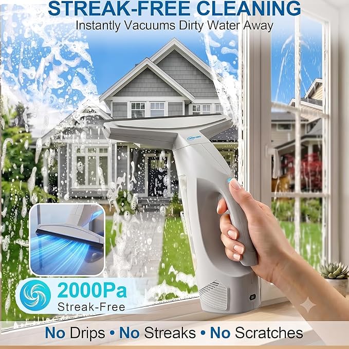 GARYOG Window Vacuum Squeegee Cordless,Electric Window Cleaner Kit with 31-40" Extendable Pole,2000Pa, 2200mAh,150ml Tank,2 Squeegee Blades for Shower Glass,Mirrors,Car,Tiles.