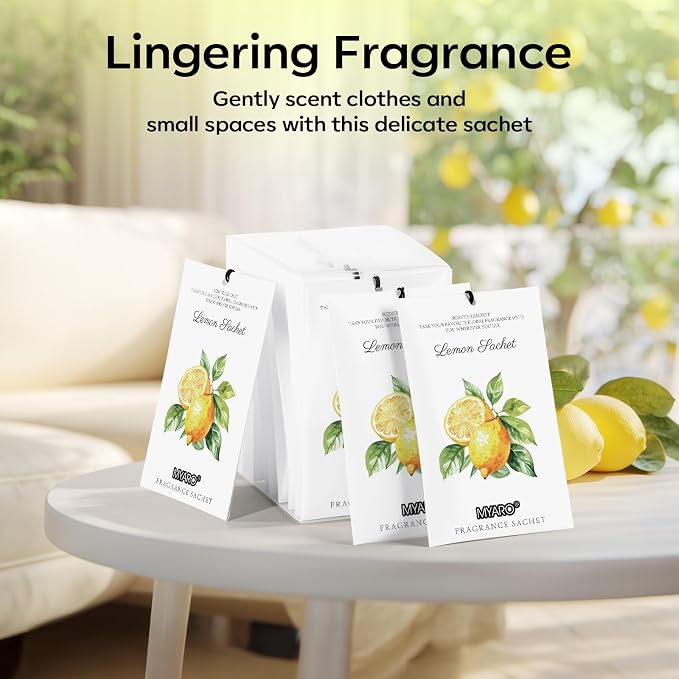 MYARO 12 Packs Lemon Scented Sachets for Drawer Closet Bathroom Odor Eliminator - Fresh Home Fragrance Car Air Frehener