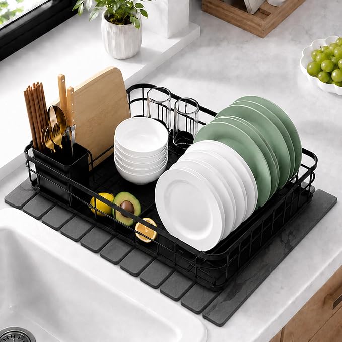 Stone Dish Drying Mat, Large Foldable Stone Drying Mat for Kitchen Counter & Bathroom, Quick Dry Organizer Pad Suitable for Plate Rack Utensils, Apartment Home Essentials Decor (Dark Gray 24"×16")