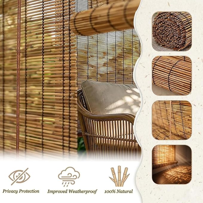 Bamboo Roller Shades for Outdoor Patio, Porch, Pergola, Balcony, Bamboo Blinds, UV Protection, Light Filtering Bamboo Blinds for Interior Windows, Bamboo Roman Shades for Windows