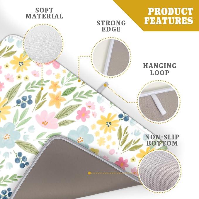 Spring Dish Drying Mat for Kitchen Counter Cute Floral Summer Holiday Microfiber Absorbent Dish Draining Reusable Washable Foldable Extra Large 18"x24"