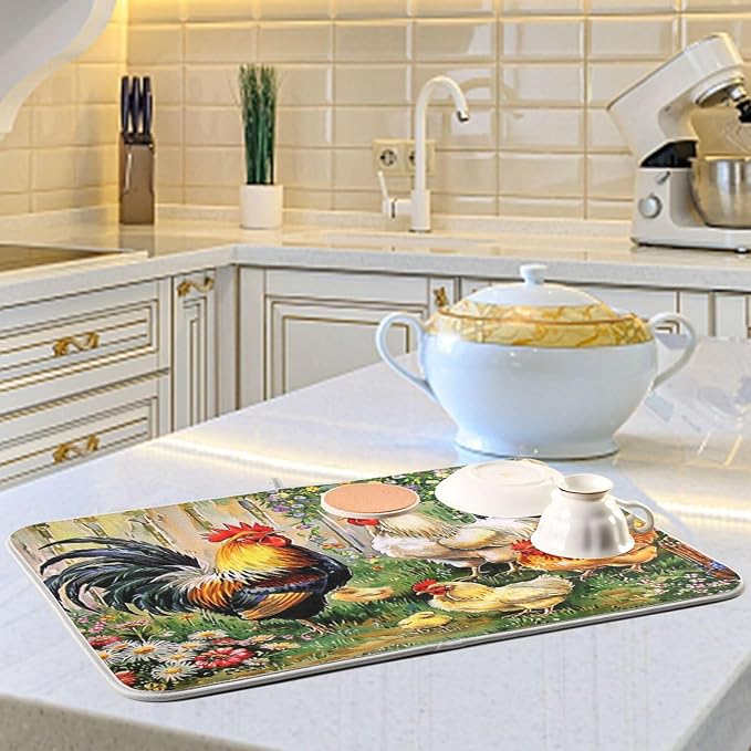 Rooster Flowers Dish Drying Mat 16 X 18 Inch Farm Cock Chick Floral Kitchen Rack Mats Dry Dishes Pads Tableware Mat Absorbent Microfiber Protector for Kitchen Countertops Counter Home Decor