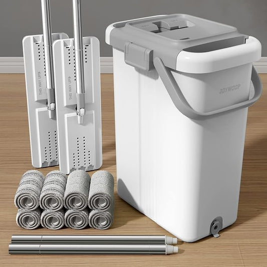 JOYMOOP Mop and Bucket Set for Floor and Wall Cleaning, Commercial and Household Use, Flat Mop System with 60" Dual Mops + 8 Pads