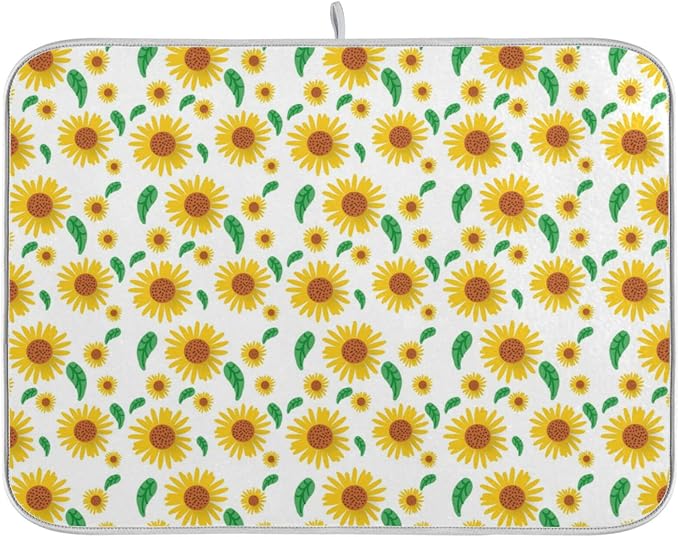 Absorbent Dish Drying Mat for Kitchen Counter - Cute Sunflower Flowers Microfiber Drying Pad, Reversible Drainer Mats for Countertop, Small 16 x 18 inch