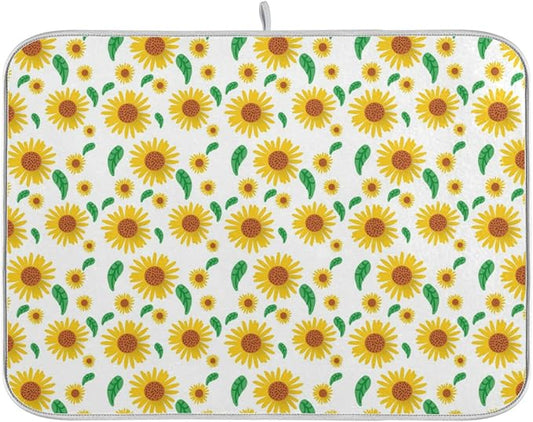 Absorbent Dish Drying Mat for Kitchen Counter - Cute Sunflower Flowers Microfiber Drying Pad, Reversible Drainer Mats for Countertop, Small 16 x 18 inch