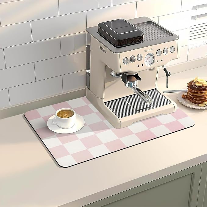 Dish Drying Mat for Kitchen Counter,12"x 19" Super Absorbent Kitchen Dish Drying Pad, Heat Resistant Drainer Mats with Non-slip Rubber Backed, Pink Checkered Coffee Bar Station Accessories