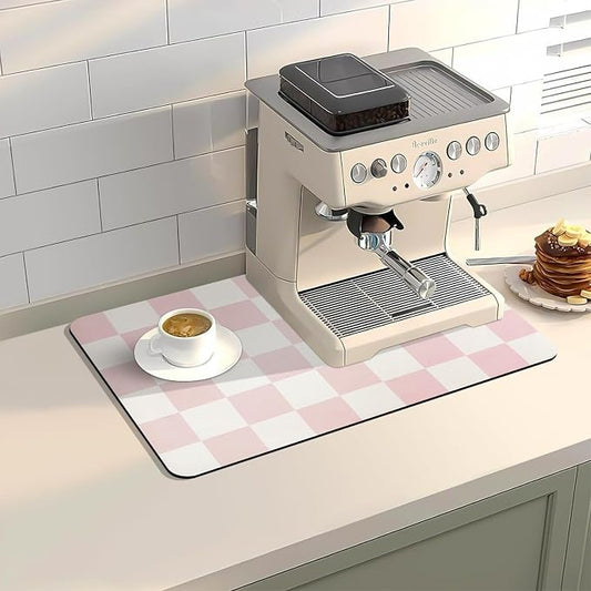 Dish Drying Mat for Kitchen Counter,12"x 19" Super Absorbent Kitchen Dish Drying Pad, Heat Resistant Drainer Mats with Non-slip Rubber Backed, Pink Checkered Coffee Bar Station Accessories