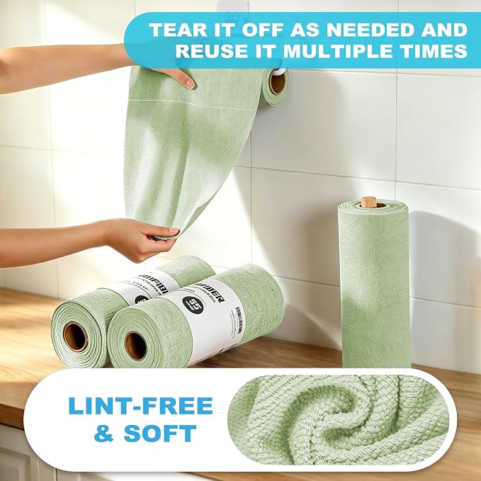 Puomue 55 Pack Microfiber Cleaning Cloth Roll, Tear Away Reusable Towels, 11" X 9", Ultra Absorbent & Lint Free Microfiber Cloth for Cleaning, Kitchen, Window (Olive Green, 11" L x 9" W)