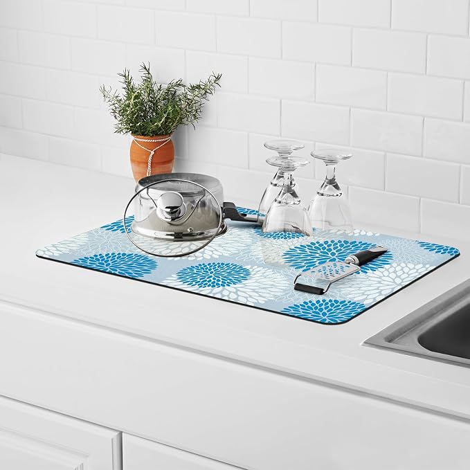 Dish Drying Mat, Dish Mat Drying Kitchen Mat with Rubber Backed, Hide Stain Kitchen Super Absorbent Draining Mat, Easy to Clean Dish Rack Pad for Dishes Countertop (Blue Floral, 12" x 19" )