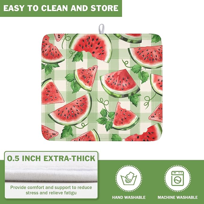 Summer Dish Drying Mat for Kitchen Counter Watercolor Watermelon Green Buffalo Plaid Microfiber Dish Drainer Mat Rustic Absorbent Washable Drying Pad 16"x18"