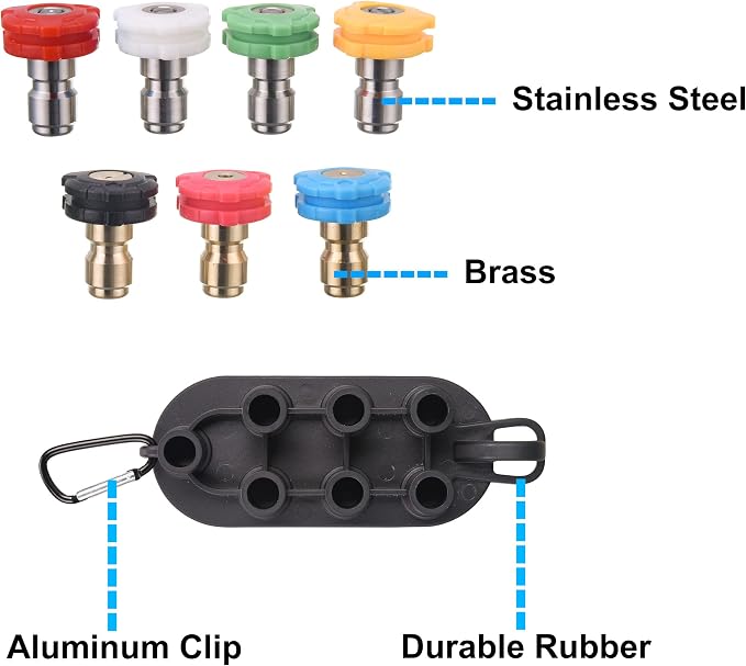 PWACCS 240° Swivel Coupler & 7 Nozzle Set for Pressure Washer, 4500 PSI | 1/4" Quick-connect Brass Fitting, For Gutters, Cars and Patios, Includes Nozzle Holder, Power Washer Pivoting Coupler Kit