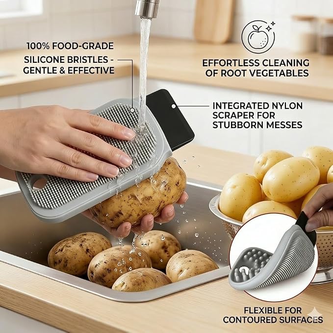 3-in-1 Silicone Dish Sponge-Food-Grade BPA-Free Cleaning Brush with Dual-Sided Comb&Scraper,Hanging Hole for Easy Storage,Fast-Dry Reusable Kitchen Gadget for Dishes/Fruits/Vegetables (Grey 1PCS)