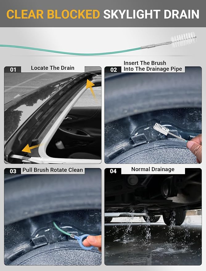 SARDVISA 2-Pack 78-Inch Sunroof Drain Brushes, Flexible Tube Cleaners | 2 Flexible 78-Inch Brushes Reach Curved Drain Tubes to Remove Dirt and Debris from Sunroofs, Doors, Wipers and Narrow Pipes