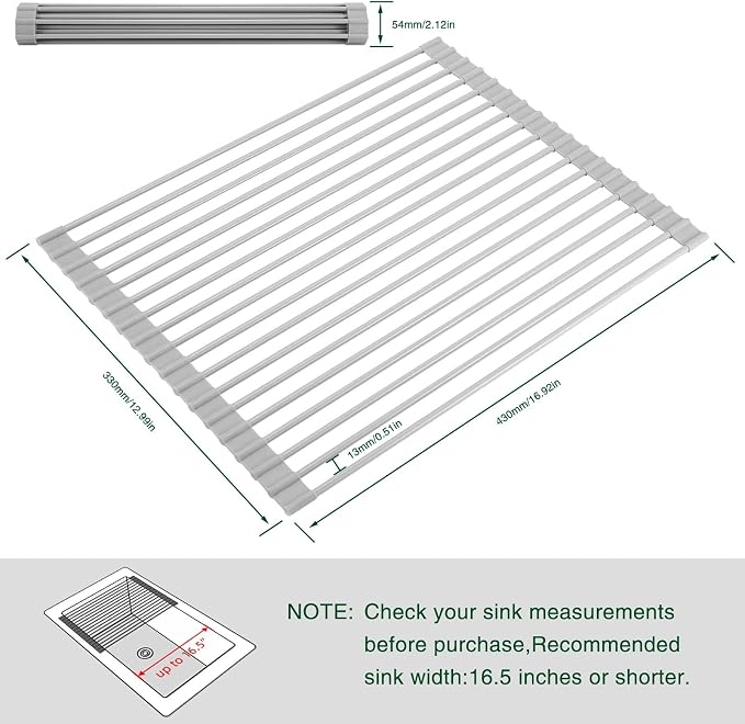HANZENMA Roll Up Dish Drying Rack Over The Sink Kitchen Roll Up Sink Drying Rack Multipurpose Foldable Sink Drying Mat, Heat-Resistant, Anti-Slip & Anti-Rust Dish Rack for Kitchen, 17" x 13", Grey