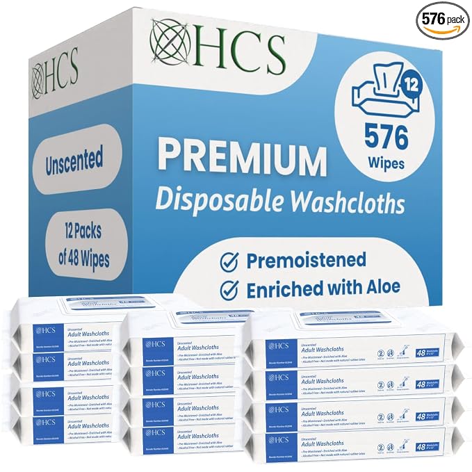 HCS Bulk Extra Large Adult Wipes - Elderly, Incontinence - (576) Body Wet Wipes for Adults, Bathing, No Rinse - Bath Wipe, Shower - Disposable Washcloths, Aloe, Unscented - 9"x12", 12 Packs of 48
