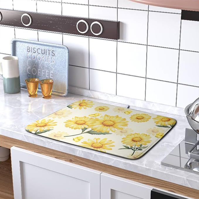 Yellow Sunflower Dish Drying Mat for Kitchen Counter Summer Daisy Floral Dishes Pad Farmhouse Flower Dish Draining Microfiber Absorbent Dish Drainer Rack Mat Large 16x18 Inch