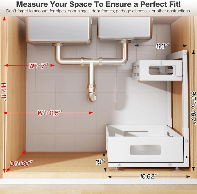 2 Pack 19IN-Depth Under Sink Organizer,Pull Out Cabinet Organizer With Smooth Cylindrical Rail,Metal Slide Out Drawer for Kitchen Bathroom Laundry,8-Level Tool Free Height Adjustable-White