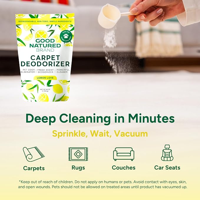 Good Natured Brand | Carpet Deodorizer & Freshener Powder | 60 oz Pet Odor Eliminator for Strong Odor & Pet Urine | Fresh Natural Lemon Love | Safe for Homes with Pets