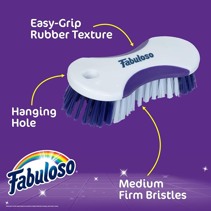 Fabuloso Compact Hand Scrub Brush, White and Purple, 6 Inch | Easy-grip rubber texture with firm bristles for kitchen, bathroom, tile, and baseboards