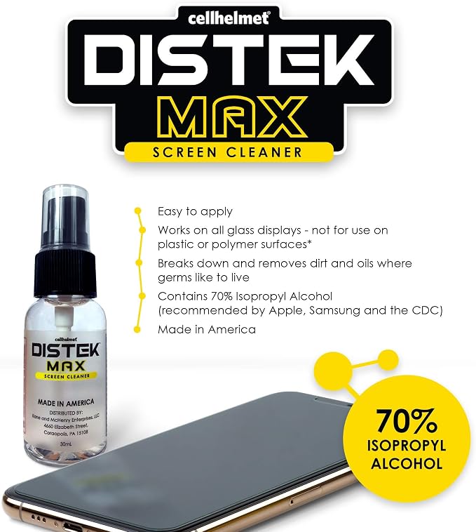 cellhelmet DISTEK Max Screen & Phone Cleaner | 70% Isopropyl Alcohol Formula | Safe for All Devices | Anti-Streak & Fast-Drying | 30mL Travel Size | As Seen on Shark Tank | Retail Packaging