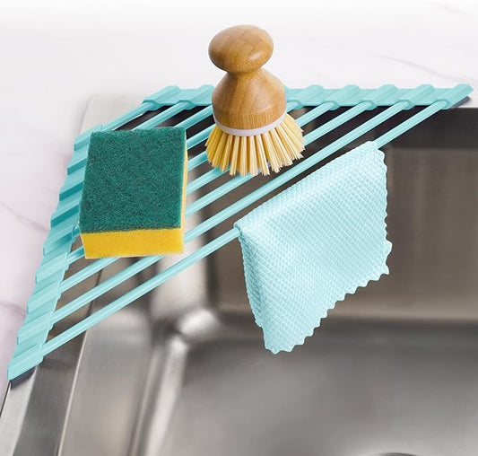 Tomorotec Compact Silicone-Coated Triangle Dish Drying Rack for Sink Corner - Foldable Stainless Steel Over-The-Sink Organizer and Storage Shelf (Mint Green)