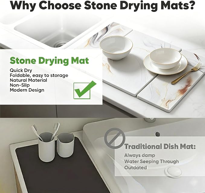 Stone Drying Mat for Kitchen Counter, Quick Diatomaceous Earth Mats for Dishes, 24"L x 16" W Super Absorbent Fast-Drying Collapsible Countertop Stone Mat (Marble White-08, 24" x 16")